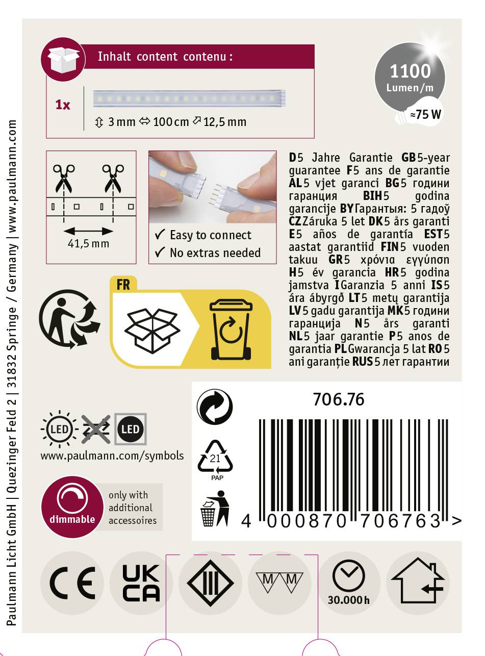 Paulmann MaxLED 1000 70676 LED-Streifen-Erweiterung mit Stecker 24V 1m Warmweiß 1St.
