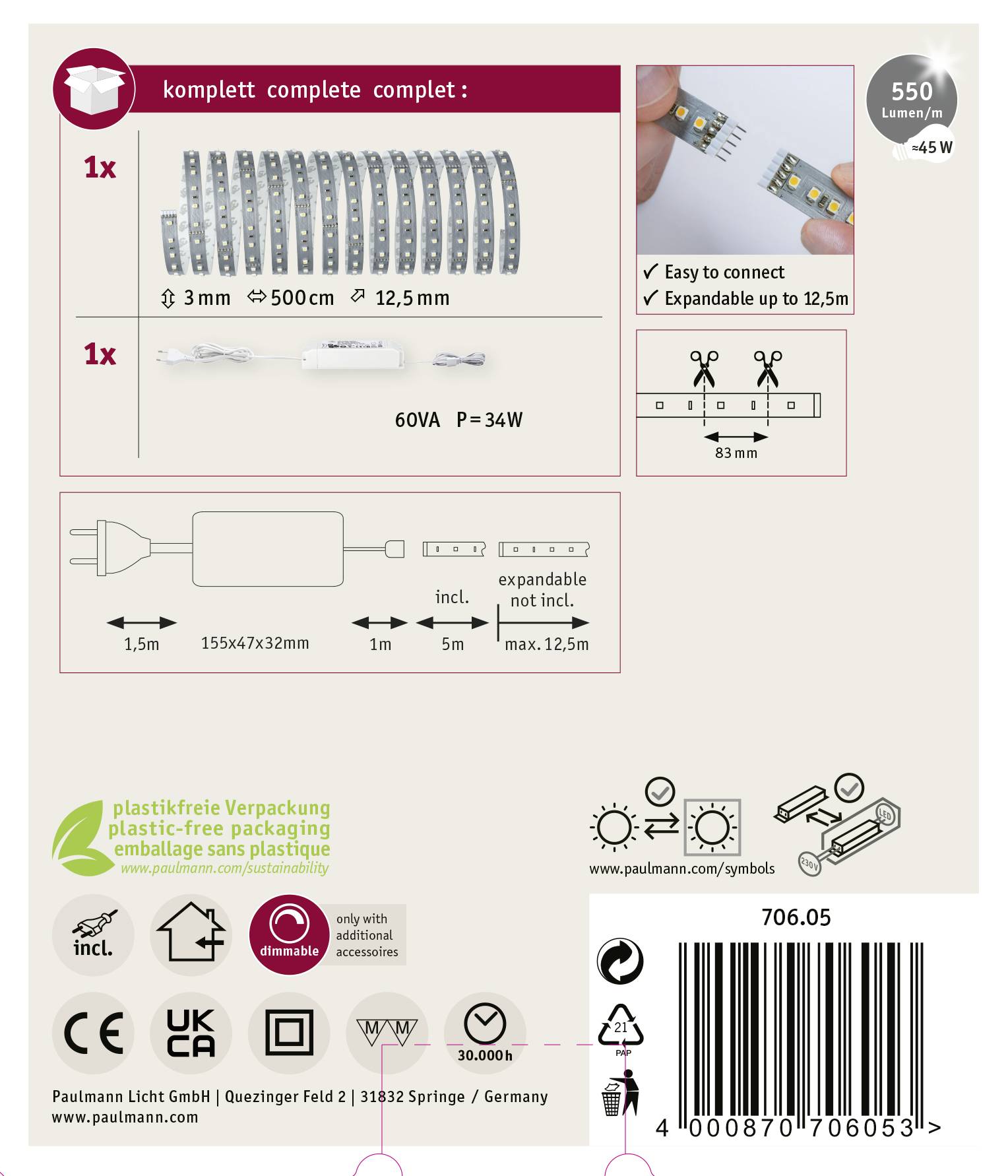 Komplettset: 550 cm LED-Streifen, erweiterbar bis 12,5 m. Inkl. Netzteil (60VA, P=34W). Verpackung plastikfrei. Produktinformationen und Piktogramme.