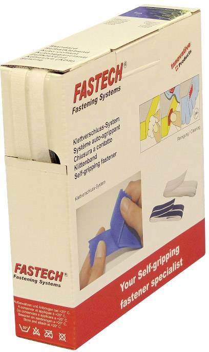 Verpackung eines Fastech Klettverschluss-Systems mit Anleitungen und Abbildungen zur Anwendung. Spezialisierung auf selbstgreifende Verschlüsse.