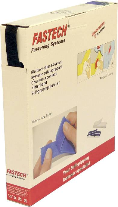 Kartonverpackung mit der Aufschrift 'FASTECH Fastening Systems', beinhaltet Klettverschluss-System, mit Bildern zur Anwendung.