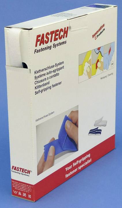 Kartonschachtel von FASTECH mit Klettverschluss-System. Text in mehreren Sprachen. Bild zeigt Hand, die Band verbindet.