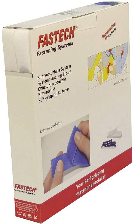 Verpackung von FASTECH Klettverschluss-Systemen, zeigt ein System mit Klettverschlüssen und beschreibt Funktionen in mehreren Sprachen.
