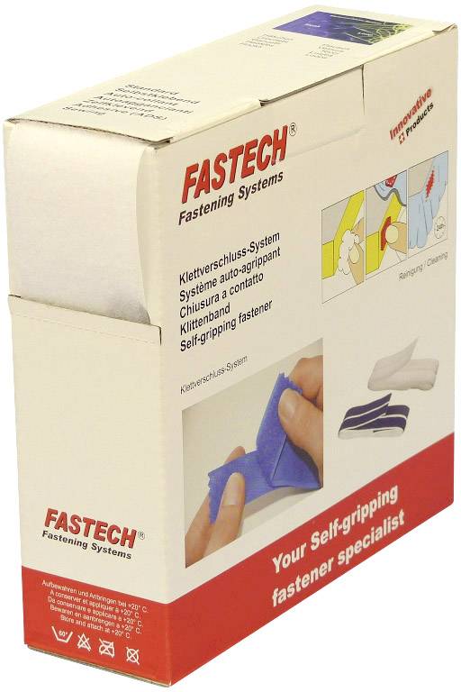 Verpackung eines selbstklebenden Klettverschluss-Systems von Fastech, zeigt Anwendungsbeispiele und Produktbeschreibung.