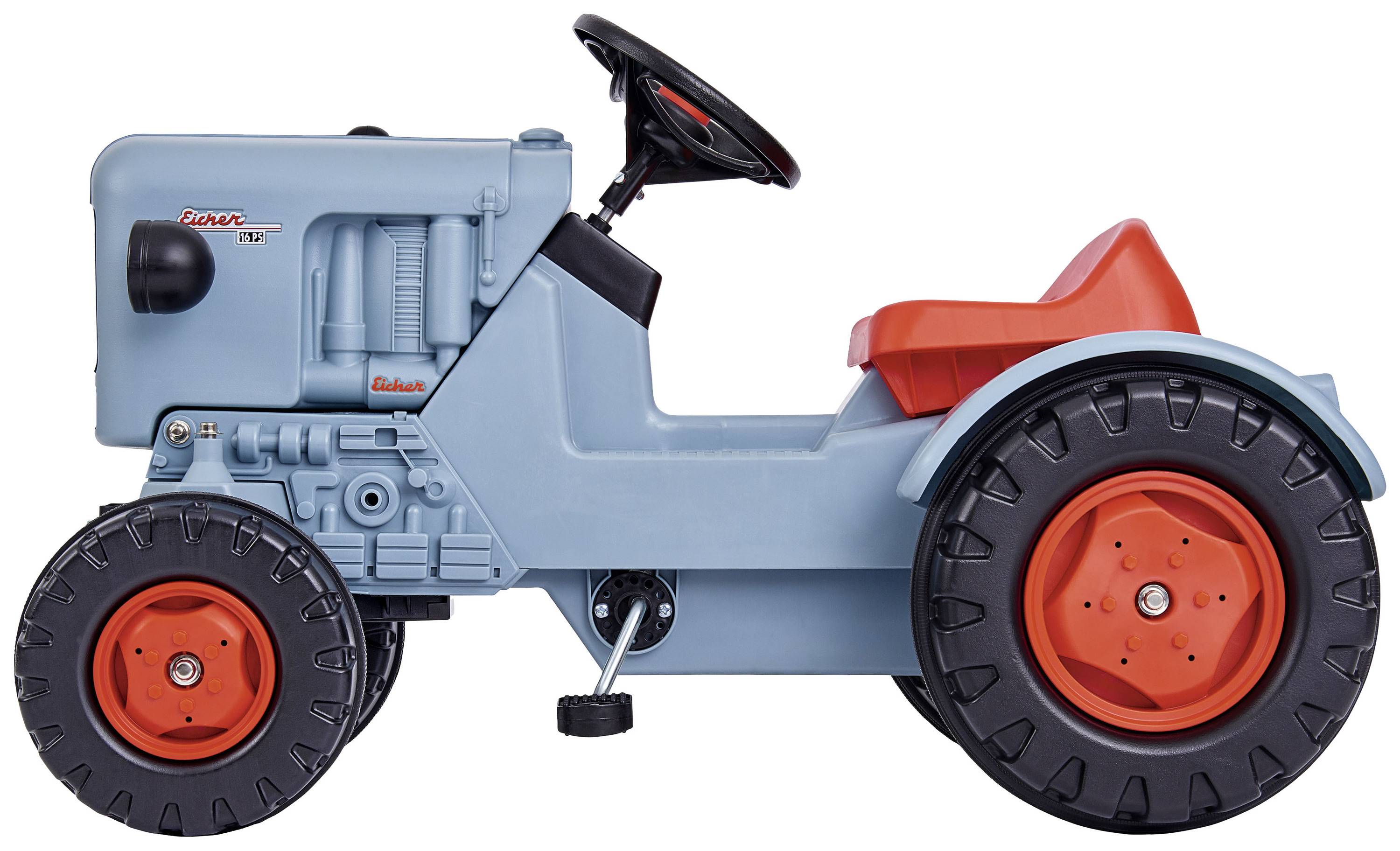 Spielzeugtraktor in Blau und Orange mit großen Rädern und Pedalen, geeignet für Kinder zum Fahren und Spielen.