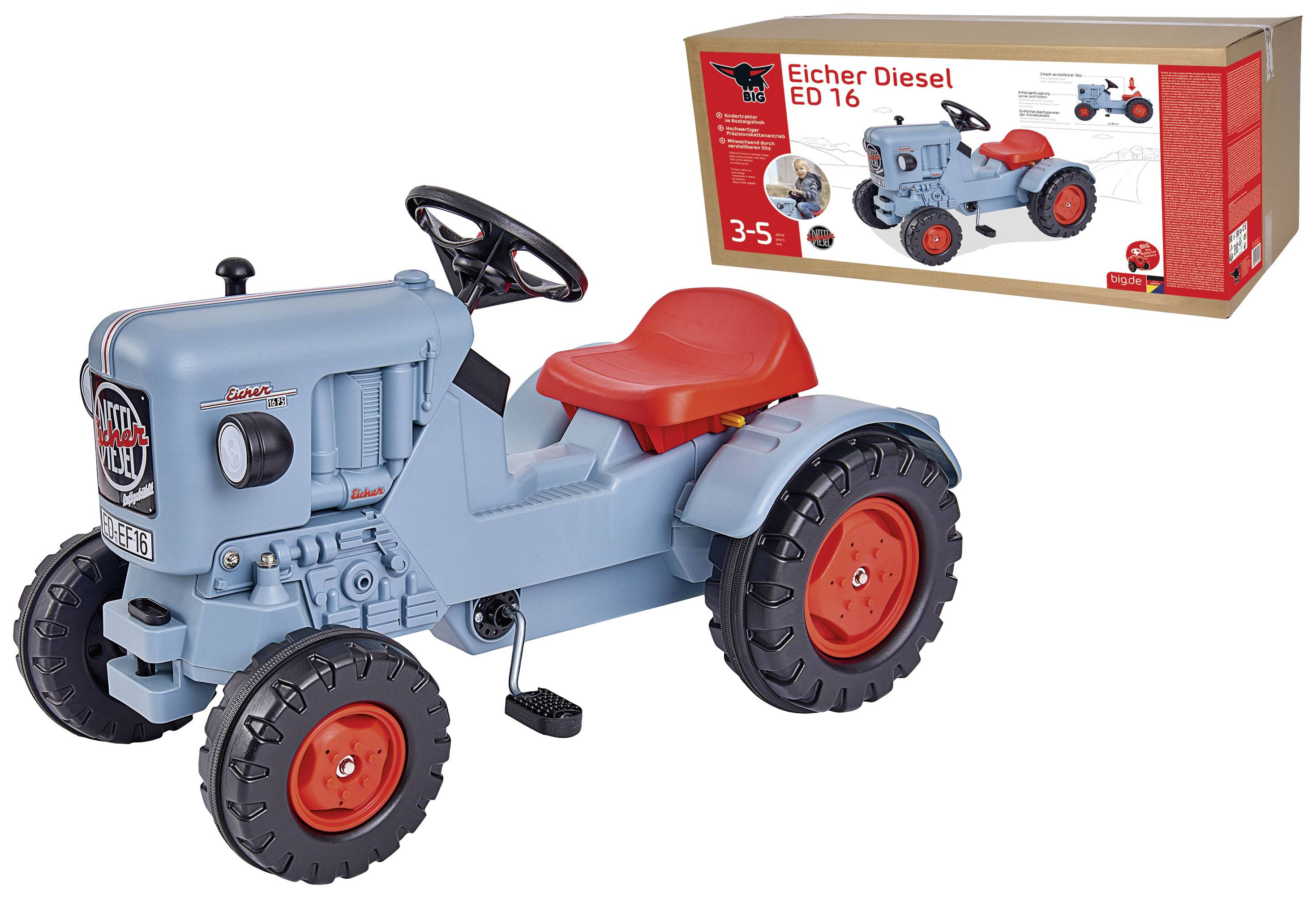 Spielzeug-Traktor in Blau mit roten Rädern, geeignet für Kinder im Alter von 3-5 Jahren. Verpackung im Hintergrund zeigt das gleiche Modell.