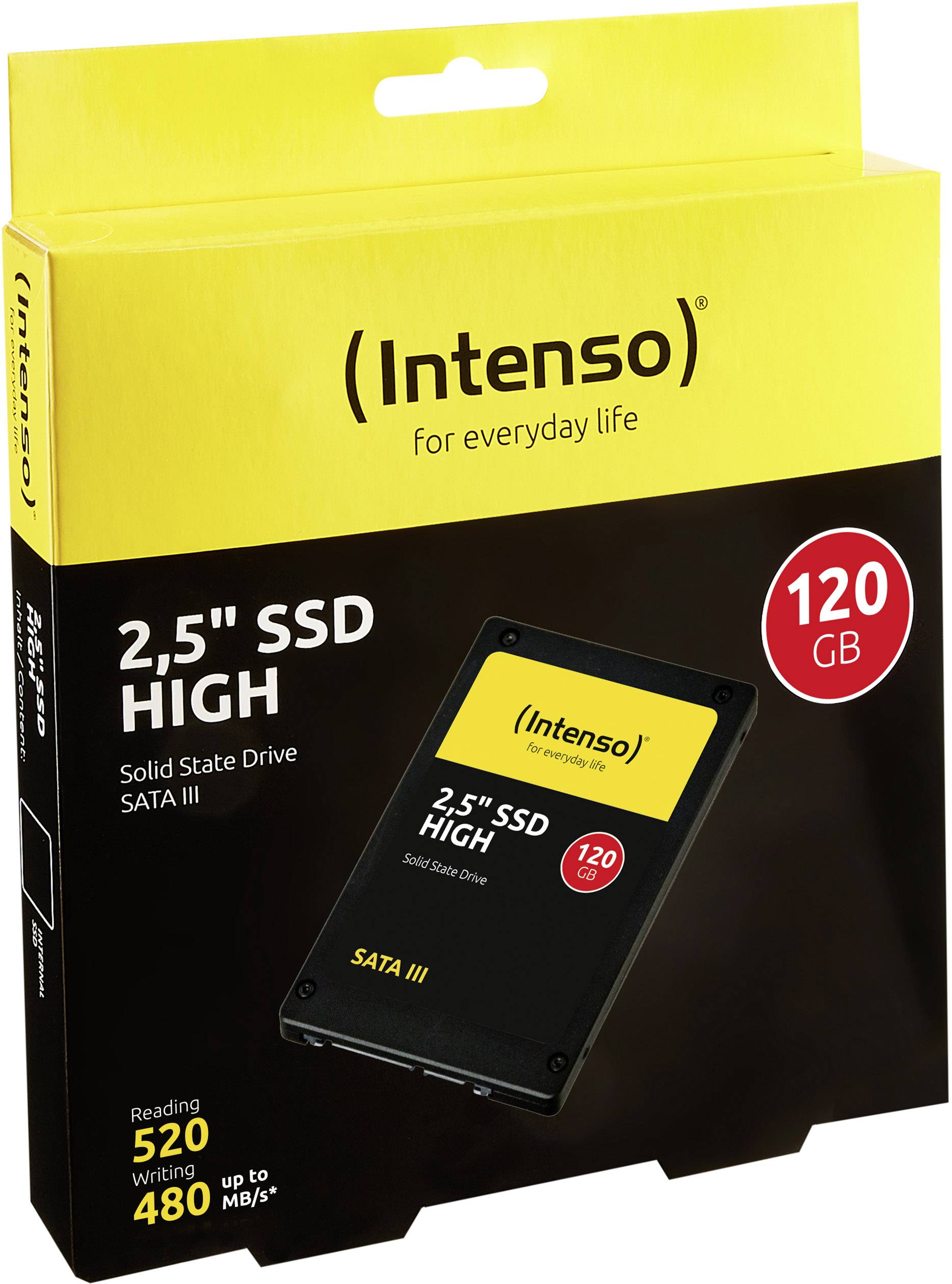 Gelbe Verpackung mit der Aufschrift 'Intenso 2,5" SSD HIGH, 120 GB, SATA III'. Geschwindigkeit: Lesen 520 MB/s, Schreiben 480 MB/s.