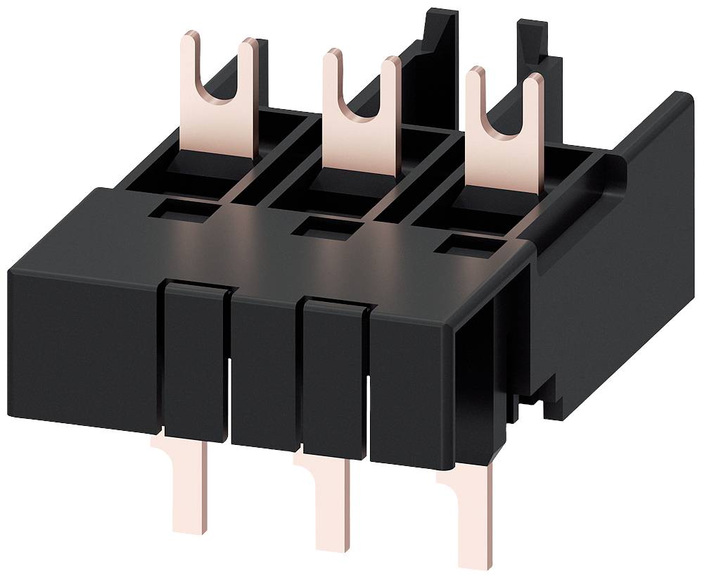 Schwarzes elektrisches Bauteil mit drei Kupferkontakten, angeordnet in zwei Reihen. Verwendet zur Verbindung von elektronischen Schaltungen.