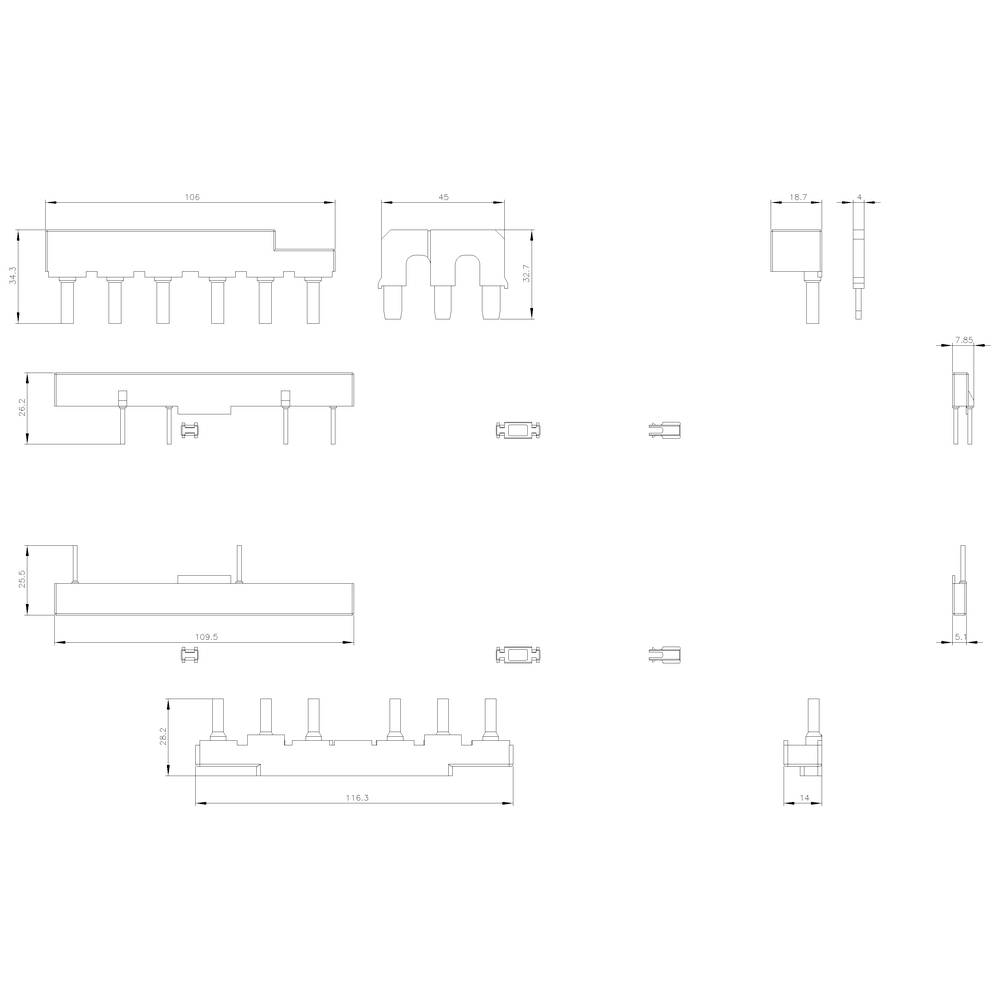 Technische Zeichnung eines Bauteils mit mehreren Ansichten. Maße und Skalierungen sind angegeben. Hauptansicht zeigt die Vorderseite.
