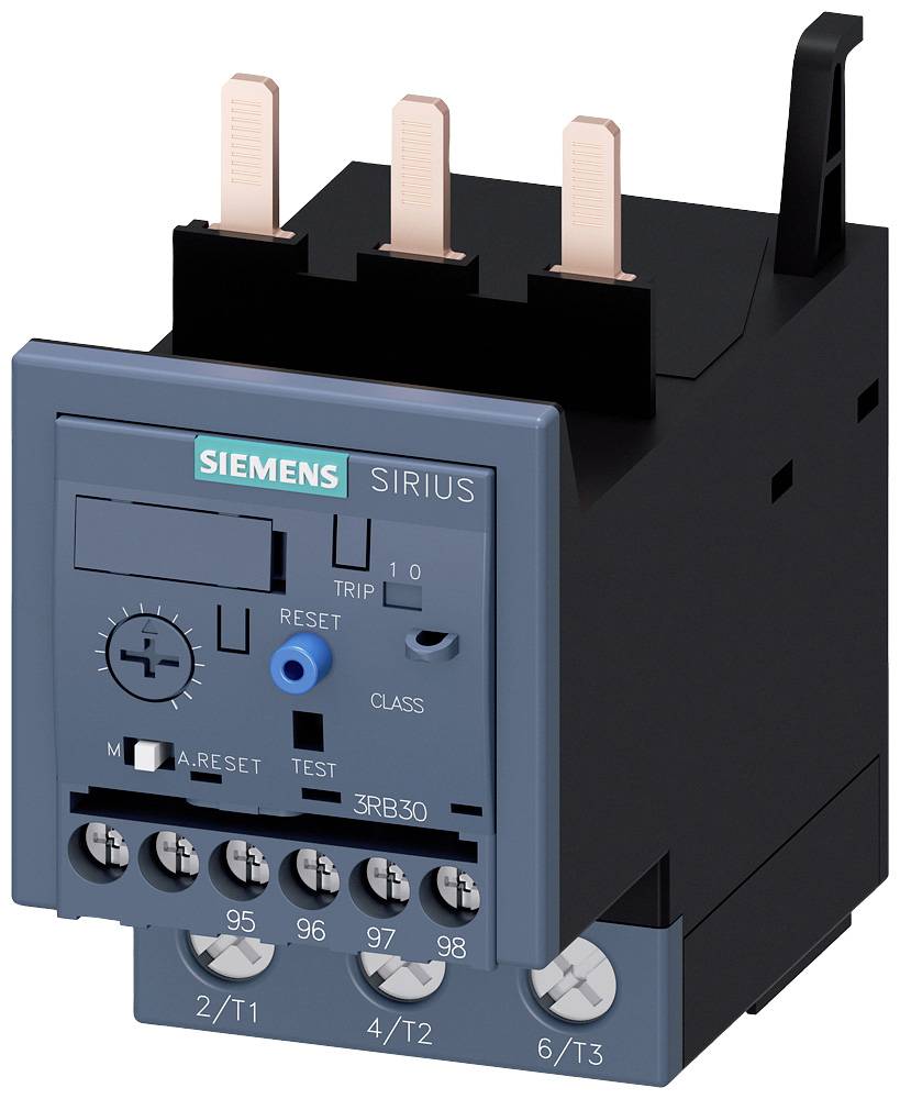Elektrisches Schaltgerät 'SIRIUS 3RB30' von Siemens, mit Reset-Knopf und Testmodusschalter, dient zum Schutz von Elektromotoren.