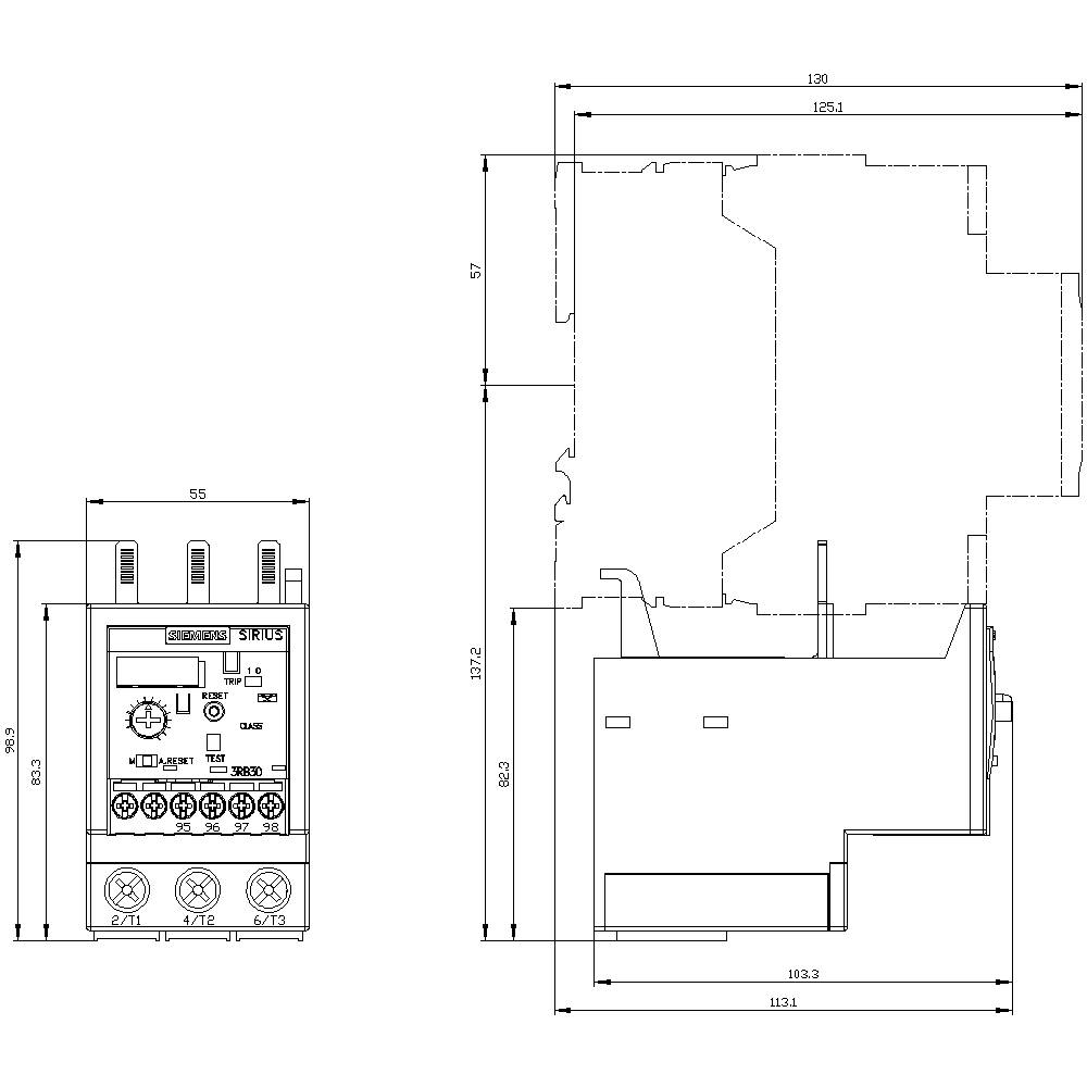 Zeichnung eines elektronischen Geräts mit Abmessungen und technischen Details. Links eine Frontansicht, rechts eine Seitenansicht.