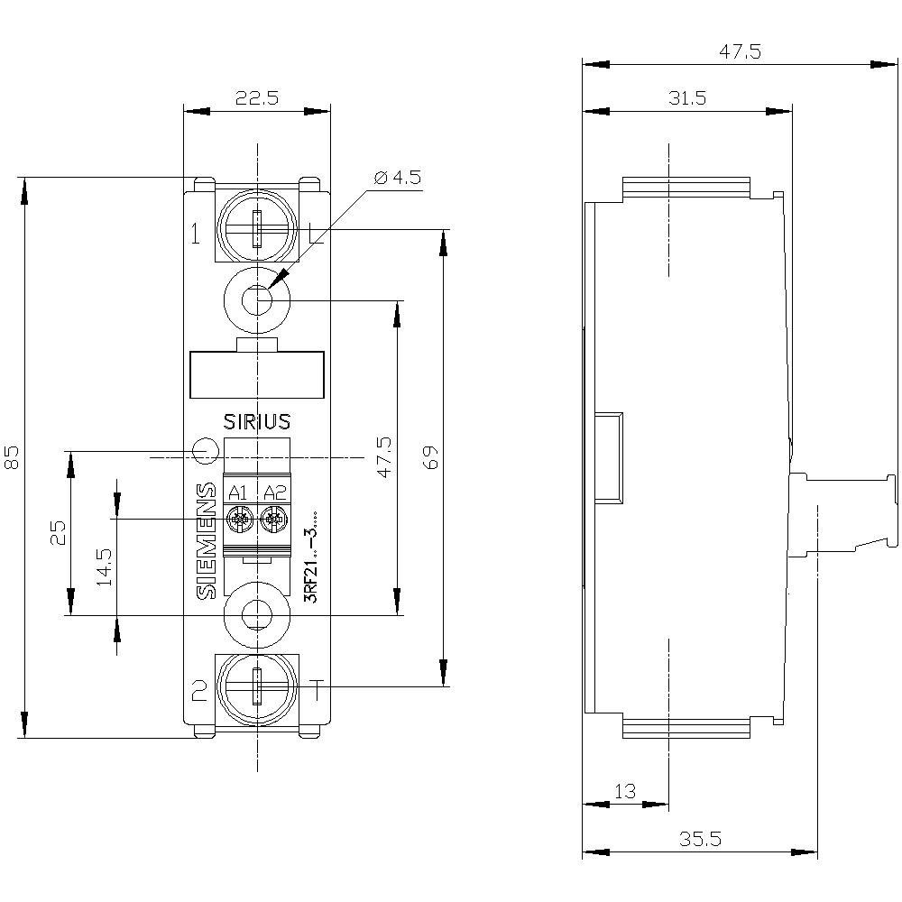 Technische Zeichnung eines Siemens SIRIUS Relais mit Maßen: 85 mm Höhe, 22,5 mm Breite, 47,5 mm Tiefe. Zeigt Anschlussdetails.