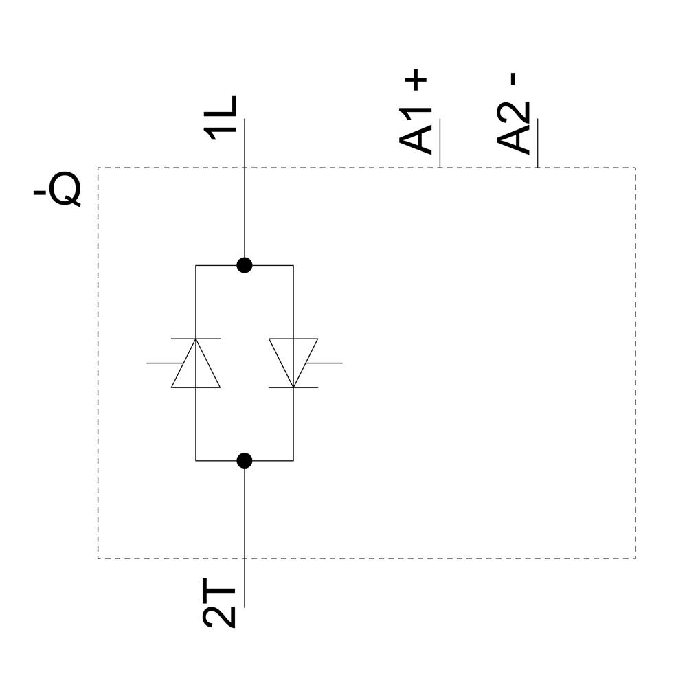Schaltplan eines elektronischen Bauteils mit zwei Dioden in entgegengesetzter Richtung verbunden. Beschriftet mit 'A1+', 'A2-', '1L', '2T', 'Q'.