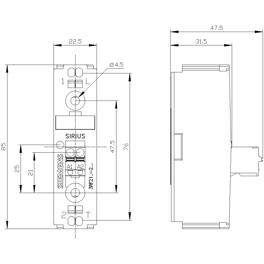 Technische Zeichnung eines Siemens Relaismoduls. Vorder- und Seitenansicht mit Maßangaben in Millimetern.