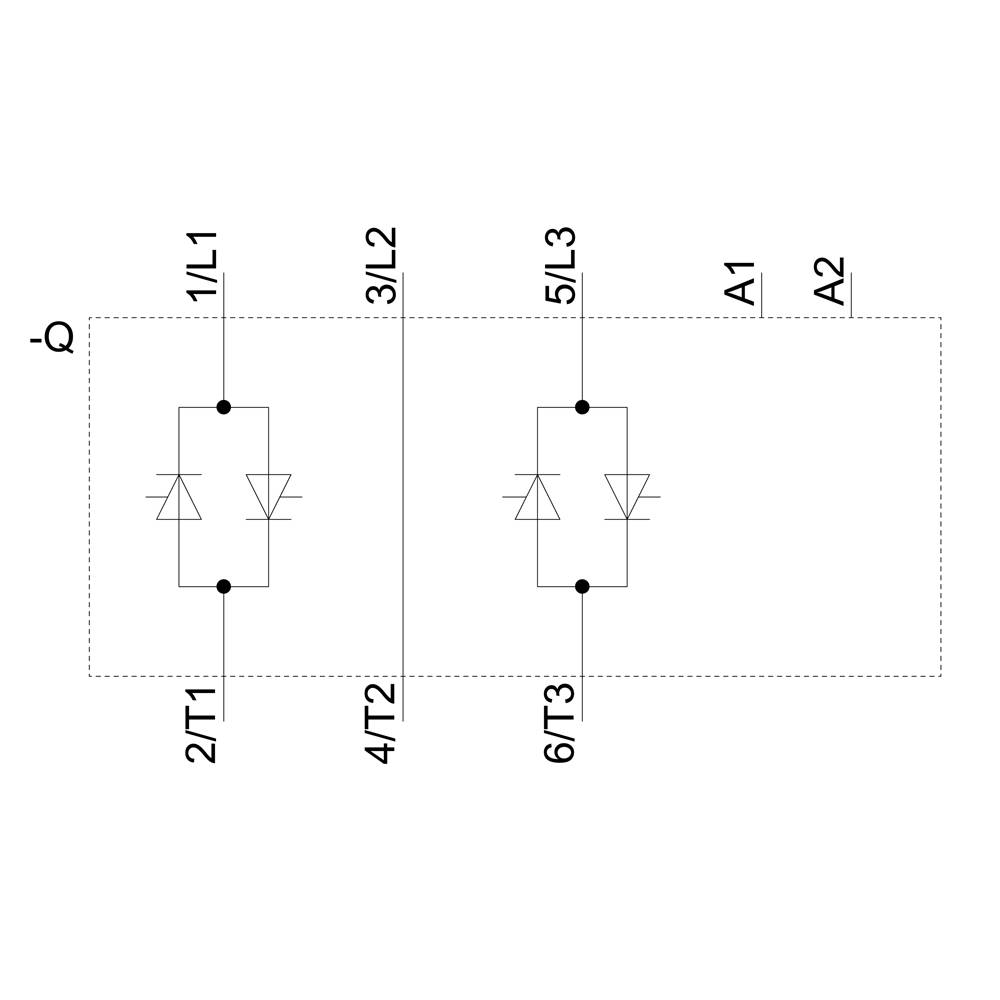 Schaltplan mit zwei parallelen Diodengruppen, verbunden mit Anschlüssen L1, L2, L3; T1, T2, T3 und A1, A2.
