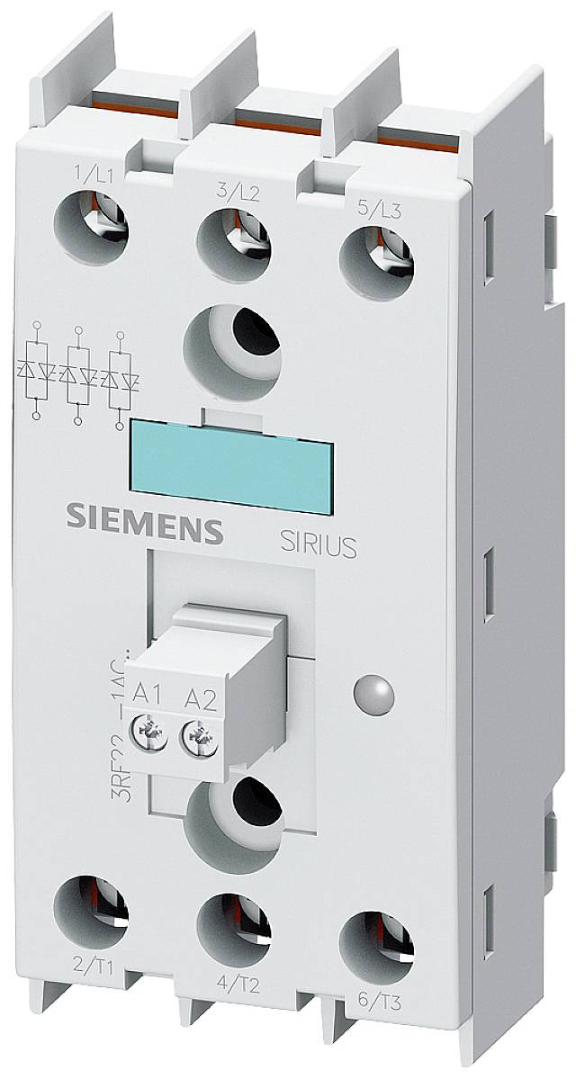 Ein dreipoliger Schütz von Siemens, Typ SIRIUS, für Steuerungsanwendungen. Es zeigt die elektrische Konfiguration und Anschlüsse.