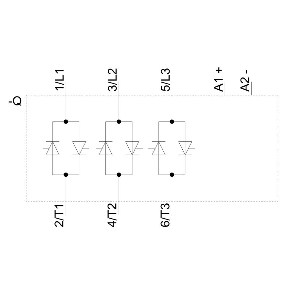 Diagramm eines dreiphasigen Gleichrichters mit drei parallel verbundenen Diodenpaaren. Eingänge sind L1, L2, L3; Ausgänge A1+, A2-.