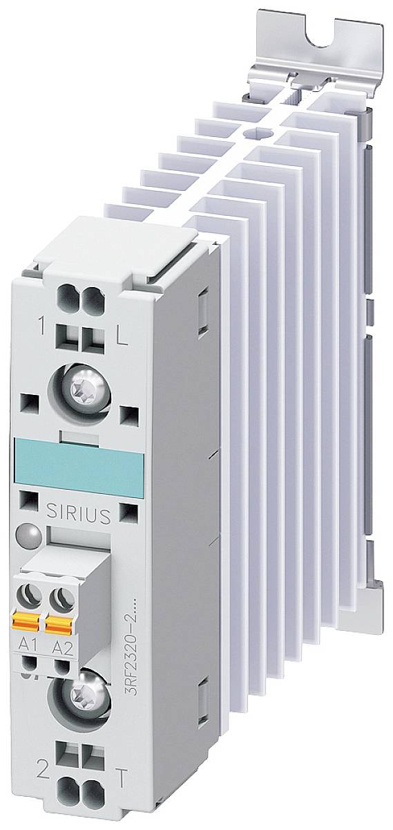 Ein graues elektrisches Schaltgerät mit Wärmesenke, beschriftet mit 'SIRIUS', zeigt Anschlüsse und Kenndaten zur Steuerung elektrischer Ströme.