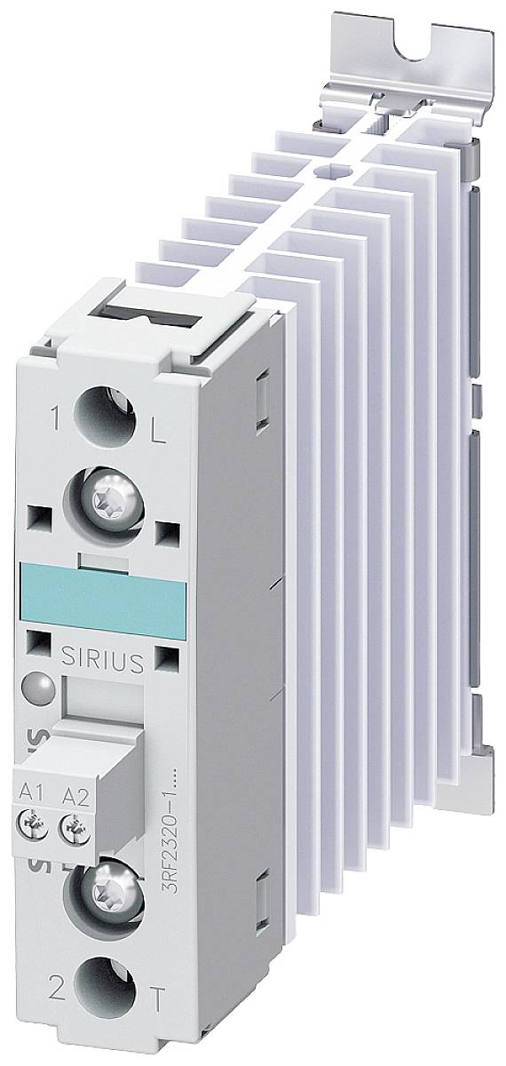 SIRIUS Industrielles Schütz im Profil mit weiß-blauer Front und Befestigungselement, für Montage in elektrischen Schaltschränken.