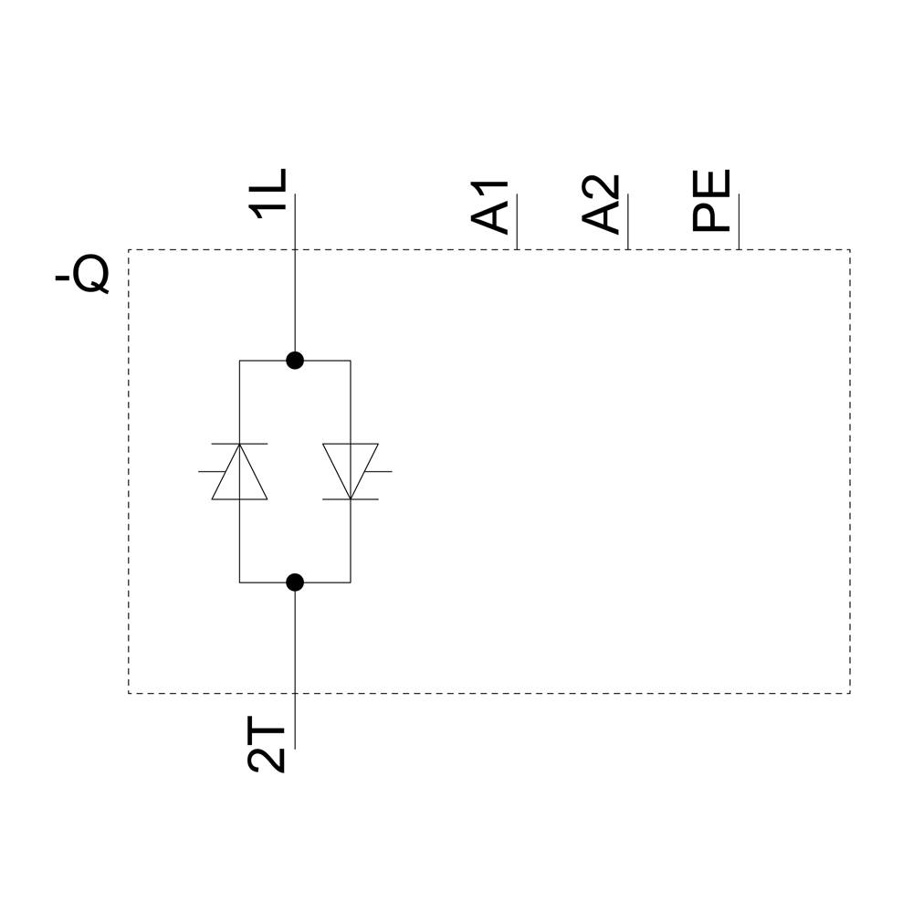 Symbol eines Schaltplans zeigt einen Thyristor mit parallel geschaltetem Schutzdiodennetzwerk. Verbindungen nach 1L, 2T, A1, A2, PE.