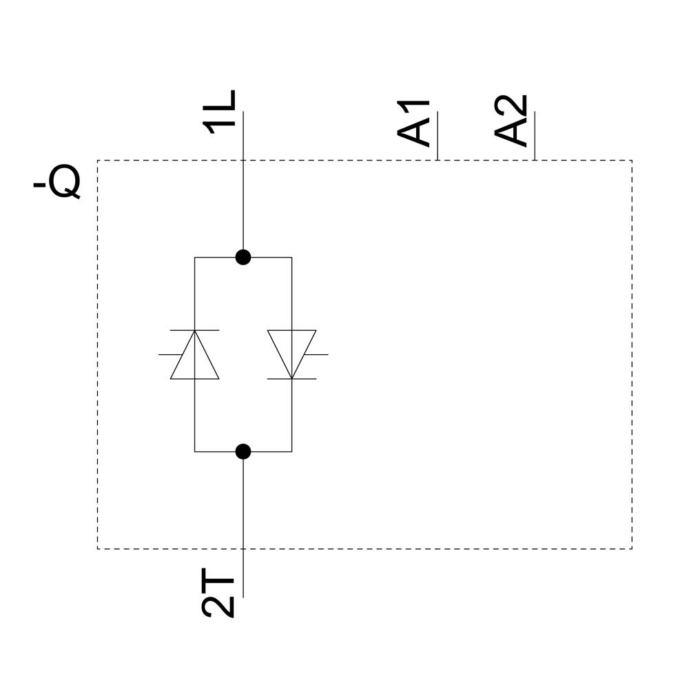 Schaltsymbol eines Thyristors in einer elektronischen Schaltung, mit Anschlüssen 1L, 2T, A1, A2 markiert.