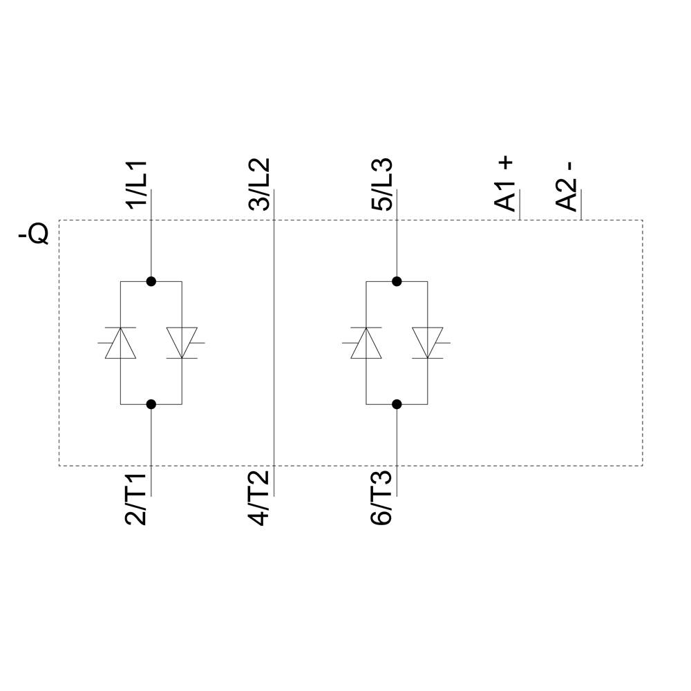 Schaltplan zeigt zwei gleiche Abschnitte mit je zwei antiparallelen Dioden. Terminals 1L1, 3L2, 5L3, 2/T1, 4/T2, 6/T3, A1+, A2-.