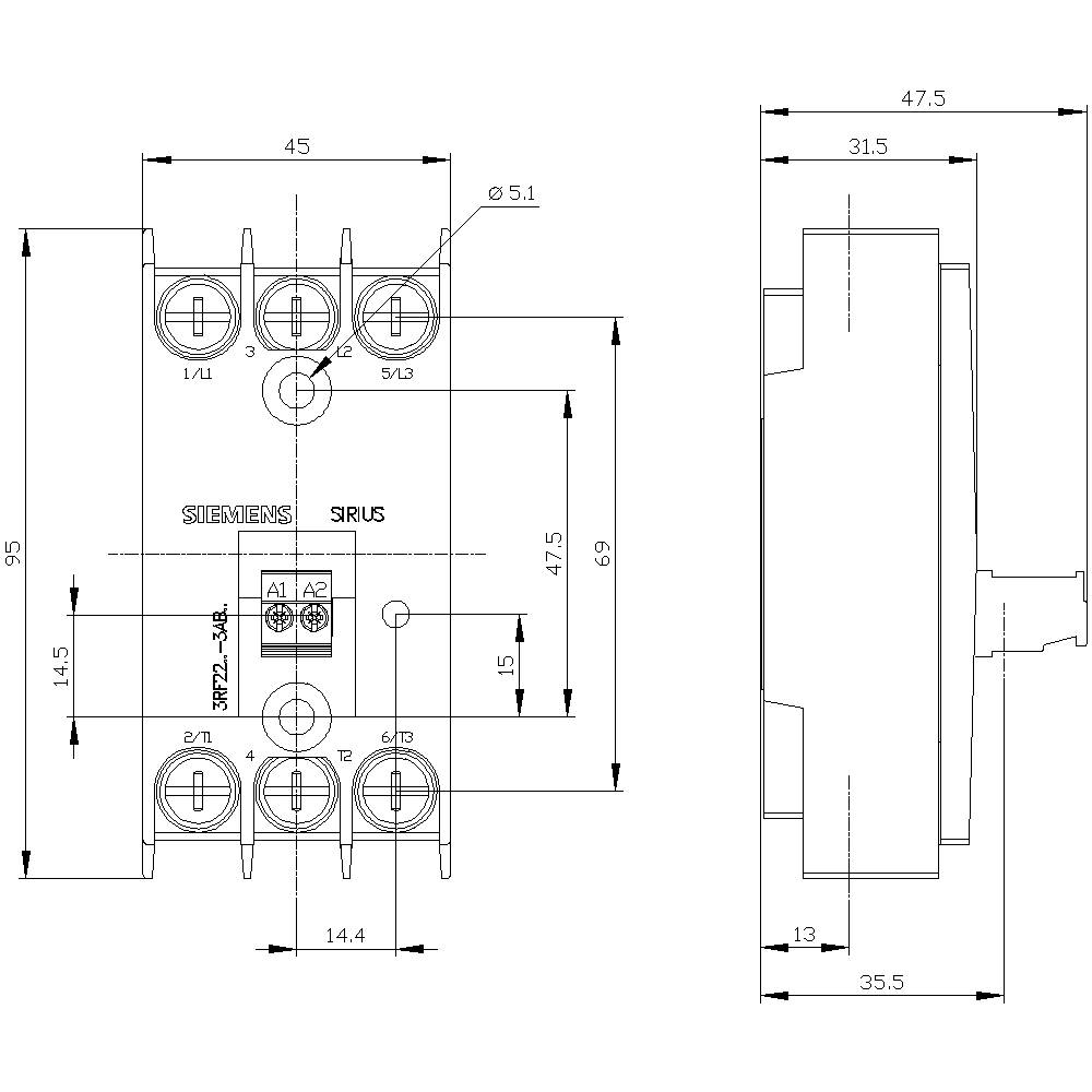 Ein technisches Diagramm eines Siemens-Schützes mit detaillierten Maßen in Millimetern, zeigt Vorder- und Seitenansicht mit Beschriftungen.
