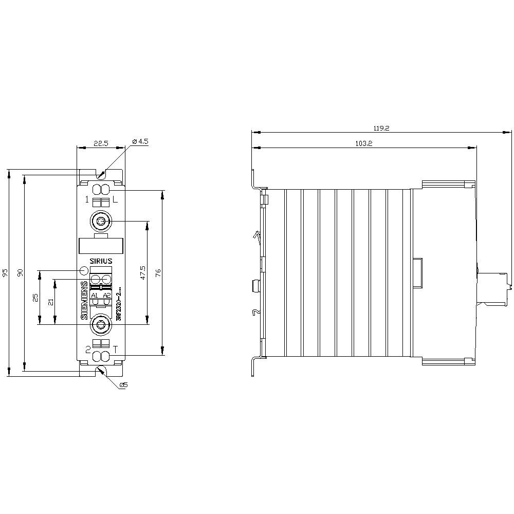 Technische Zeichnung eines elektrischen Geräts mit Abmessungen, Details des Designs und Anschlusspunkten, Vorder- und Seitenansicht.