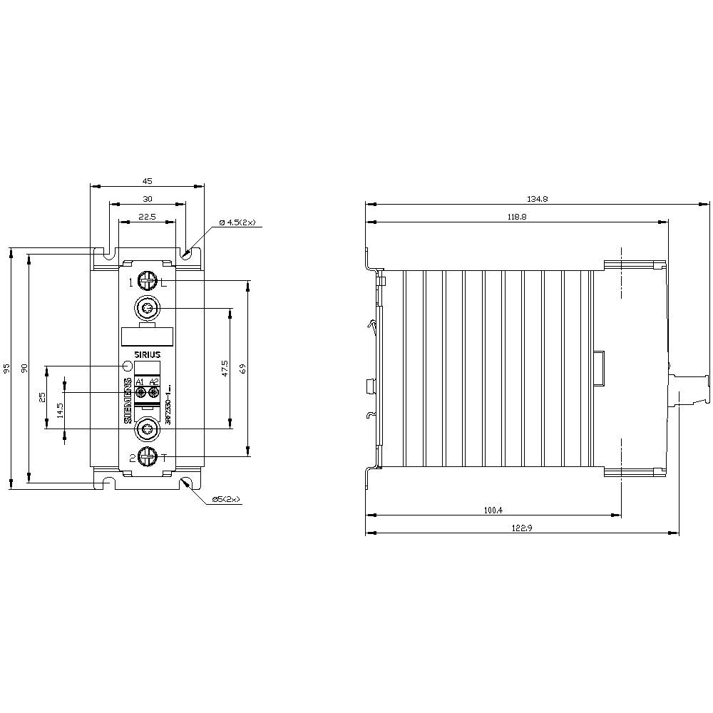 Technische Zeichnung eines elektronischen Bauteils mit detaillierten Abmessungen und Anschlüssen. Zeigt Vorder- und Seitenansicht.