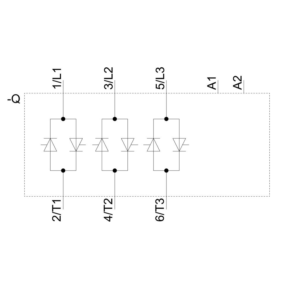 Schaltplan einer elektronischen Komponente mit beschrifteten Anschlüssen: L1, L2, L3, T1, T2, T3, A1, A2. Dioden sind parallel geschaltet.