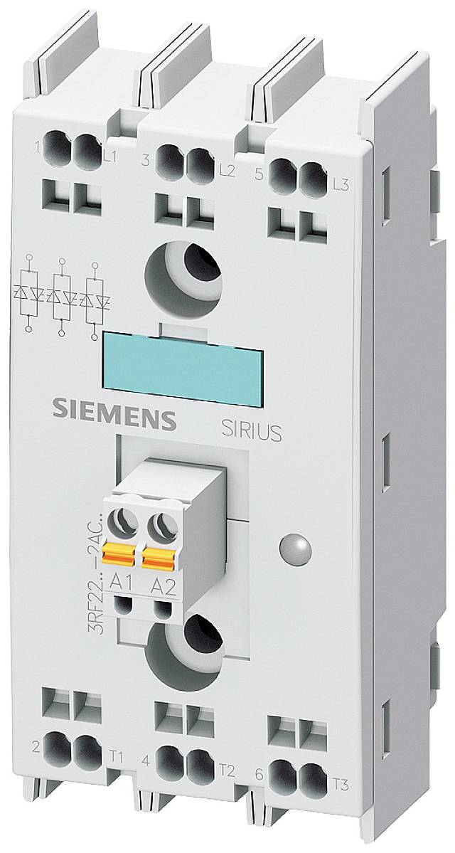 Ein elektrisches Schütz von Siemens, Modell SIRIUS, mit mehreren Anschlüssen und einer zentralen Spuleneinheit, geeignet für industrielle Anwendungen.