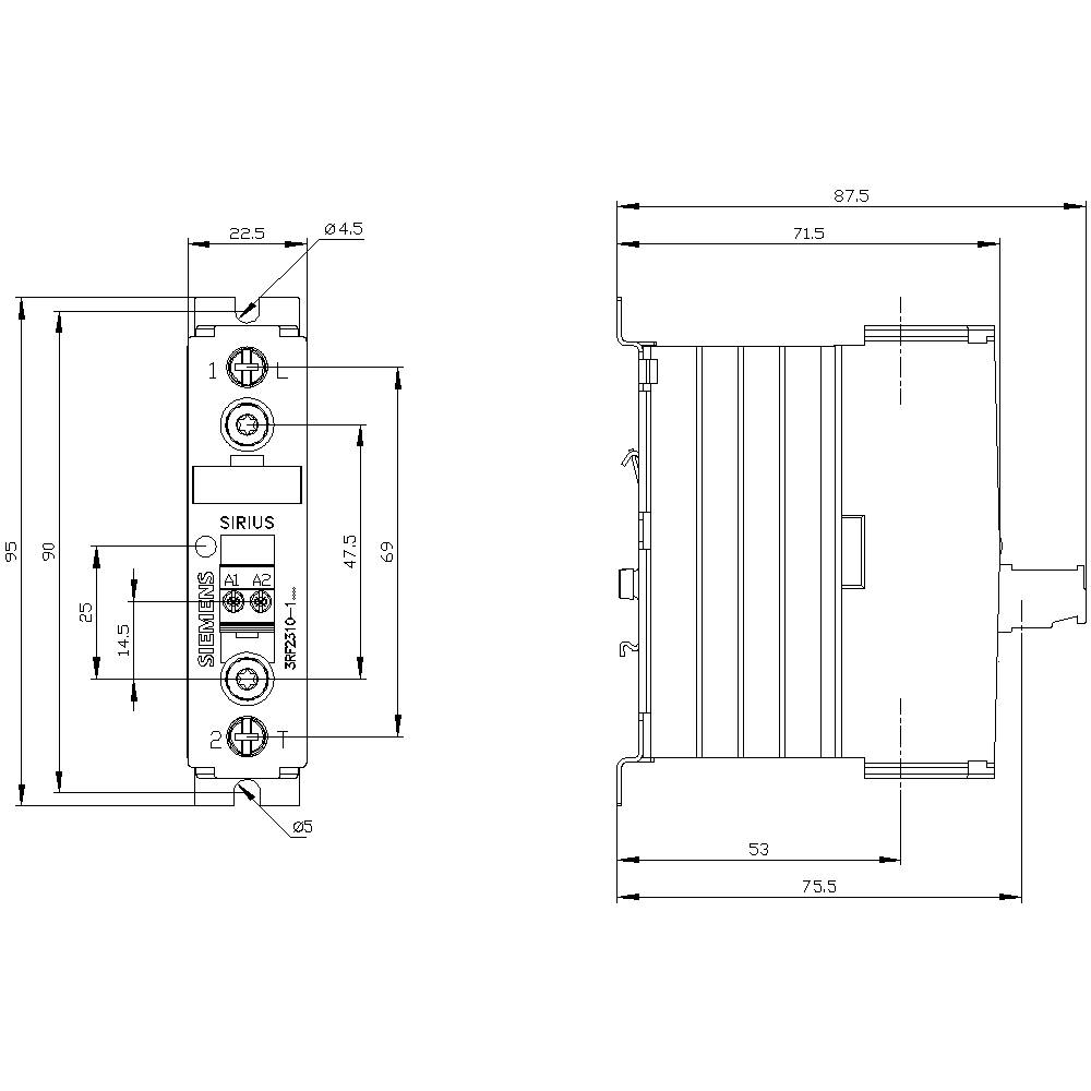 Technische Zeichnung eines Gerätes mit Abmessungen: Breite 22,5 mm, Höhe 90 mm, Tiefe 71,5 mm. Vorder- und Seitenansicht mit Anschlussdetails.