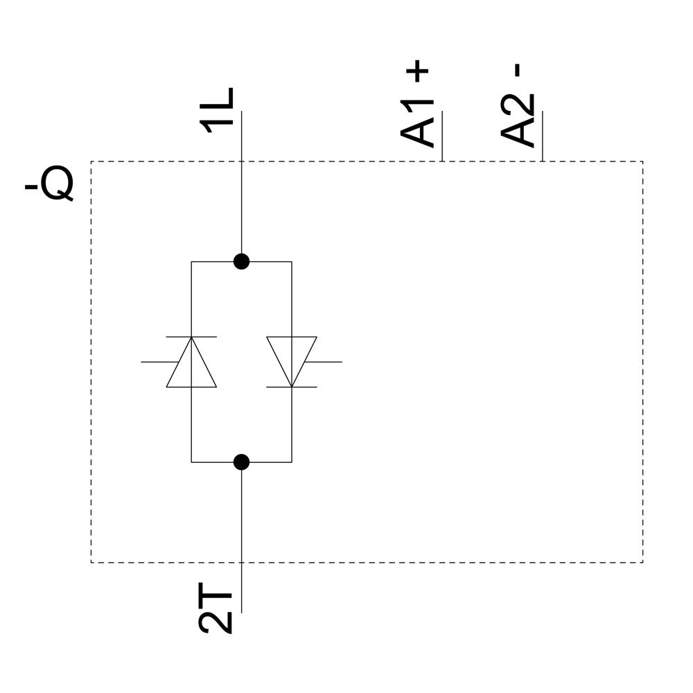 Schaltplan: Zwei parallelgeschaltete Dioden; Anschlüsse oben: 1L, A1+, A2-; Anschlüsse unten: 2T; zeigt Stromflussrichtung.