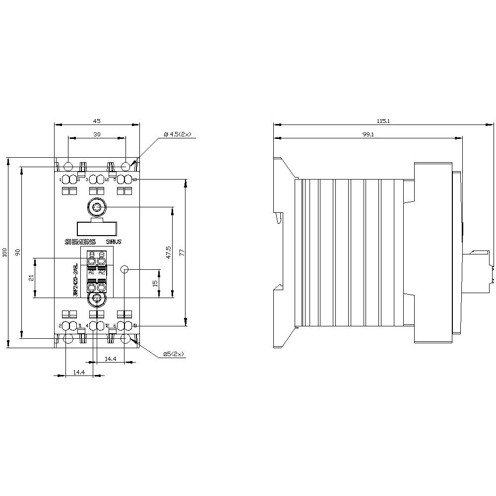 Technische Zeichnung eines elektrischen Schalters mit Abmessungen. Details zeigen Anschlüsse und Montagemöglichkeiten. Links Vorderansicht, rechts Seitenansicht.