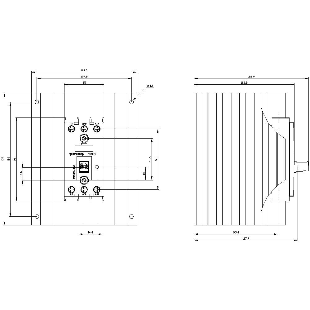 Technische Zeichnung eines rechteckigen elektronischen Bauteils mit Maßen und Anschlusspunkten. Links Vorderansicht, rechts Seitenansicht.