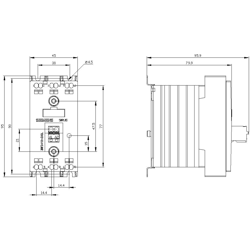 Technische Zeichnung eines elektrischen Geräts mit detaillierten Maßen in Millimetern. Vorder- und Seitenansicht werden gezeigt.