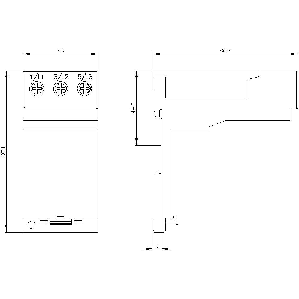 Technische Zeichnung einer elektrischen Komponente mit Abmessungen. Links Frontansicht, rechts Seitenansicht. Maße 97x44,9x86,7 mm.