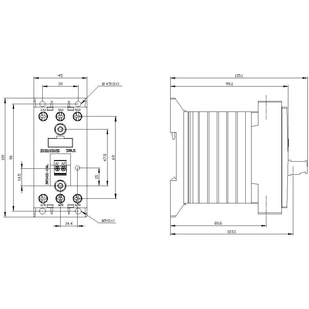 Technische Zeichnung eines Elektromotors. Links: Frontalansicht mit Abmessungen. Rechts: Seitenansicht mit Details zu Länge und Höhe.