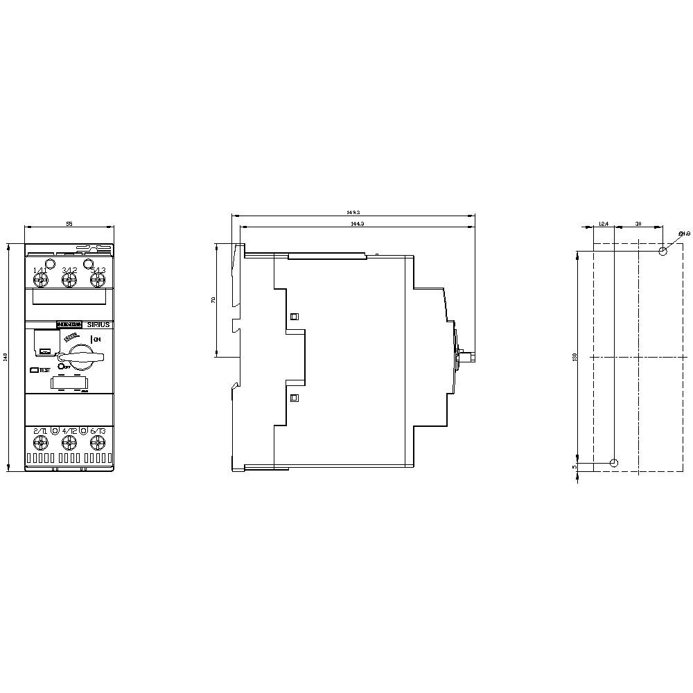 Technische Zeichnung eines elektronischen Geräts mit Abmessungen und Anschlussdiagrammen. Dreiseitige Ansicht: Vorder-, Seiten- und Rückansicht.