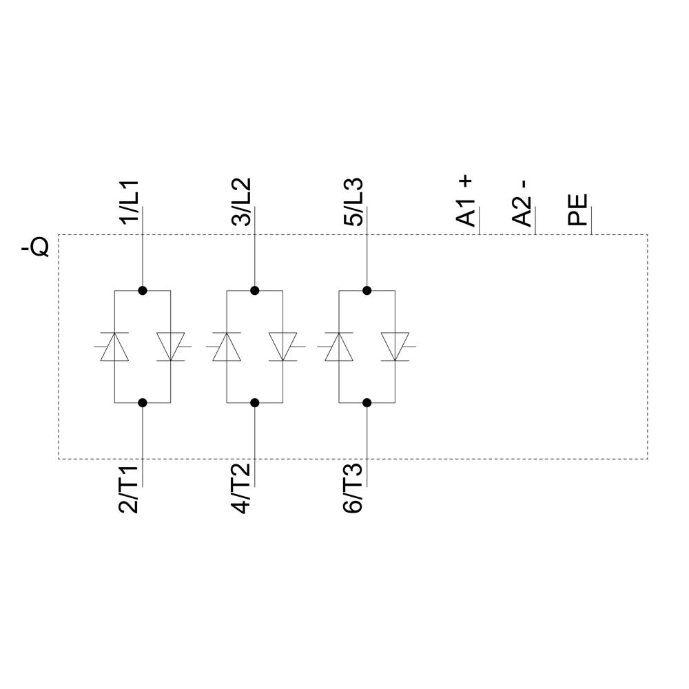 Schaltplan eines 3-Phasen-Gleichrichters mit sechs Dioden, über Klemmen beschriftet: 'L1', 'L2', 'L3', 'T1', 'T2', 'T3', 'A1+', 'A2-', 'PE'.