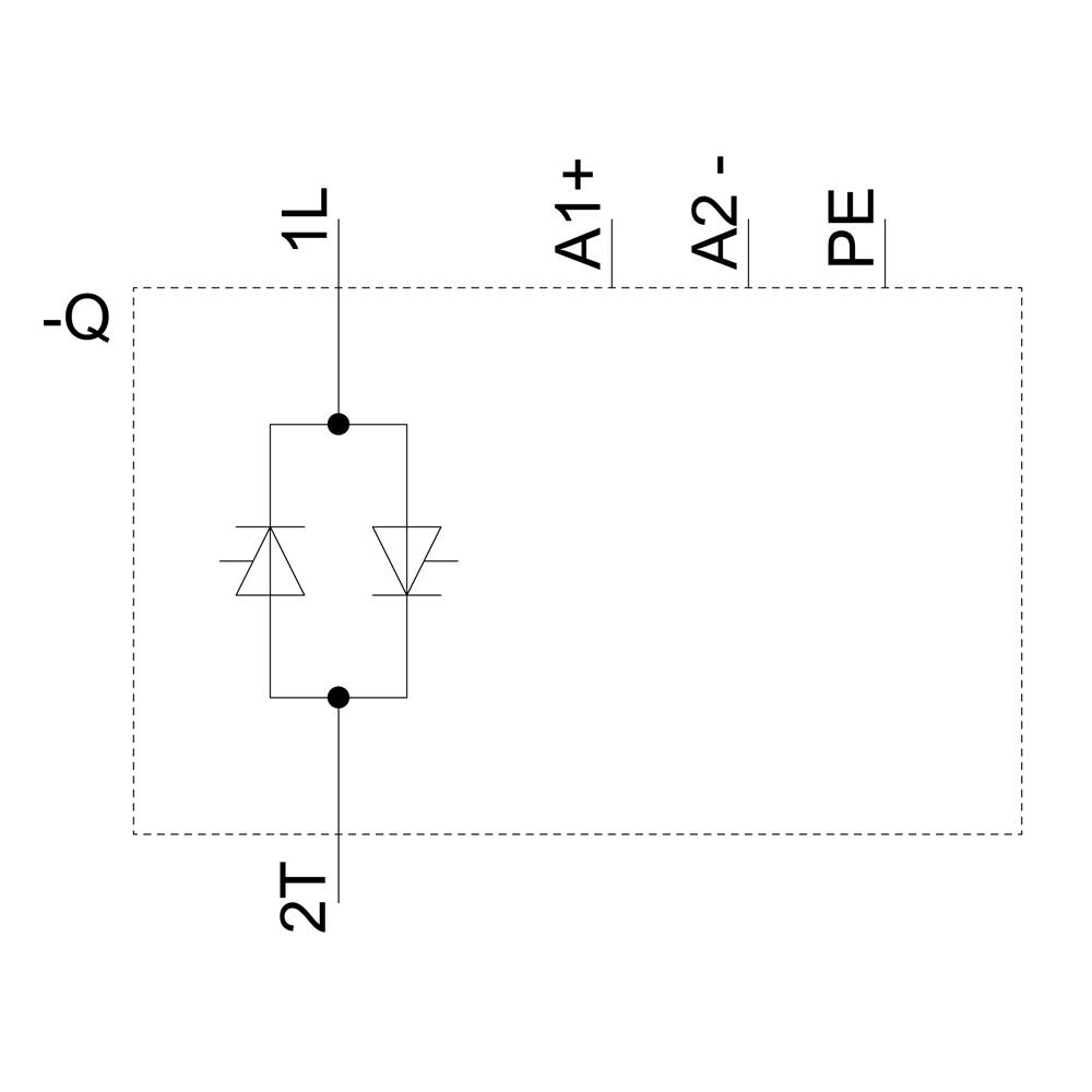 Schaltplan zeigt eine Zener-Diode, die parallel geschaltet ist, zwischen den Anschlüssen 1L und 2T. Weitere Anschlüsse sind A1+, A2-, und PE.