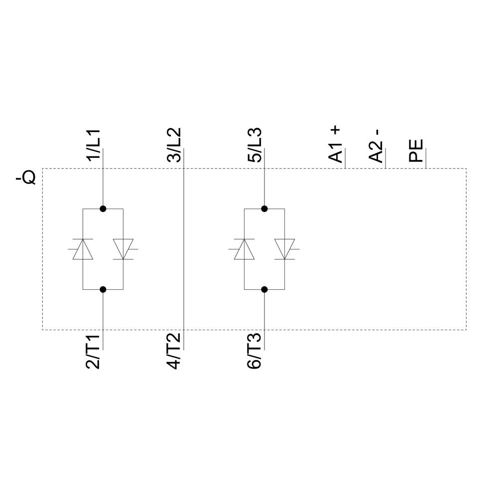 Schaltschema eines elektrischen Bauteils mit drei Phasen, markiert als 1/L1, 3/L2, 5/L3, und Sternpunkt T1, T2, T3. Integrierte Dioden.