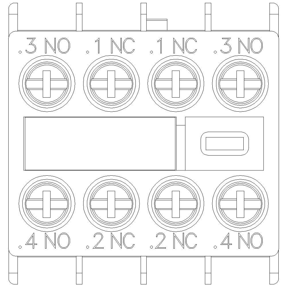 Schaltplan eines elektrischen Schalters mit acht Anschlüssen, gekennzeichnet mit .3 NO, .1 NC, .1 NC, .3 NO oben und .4 NO, .2 NC, .2 NC, .4 NO unten.