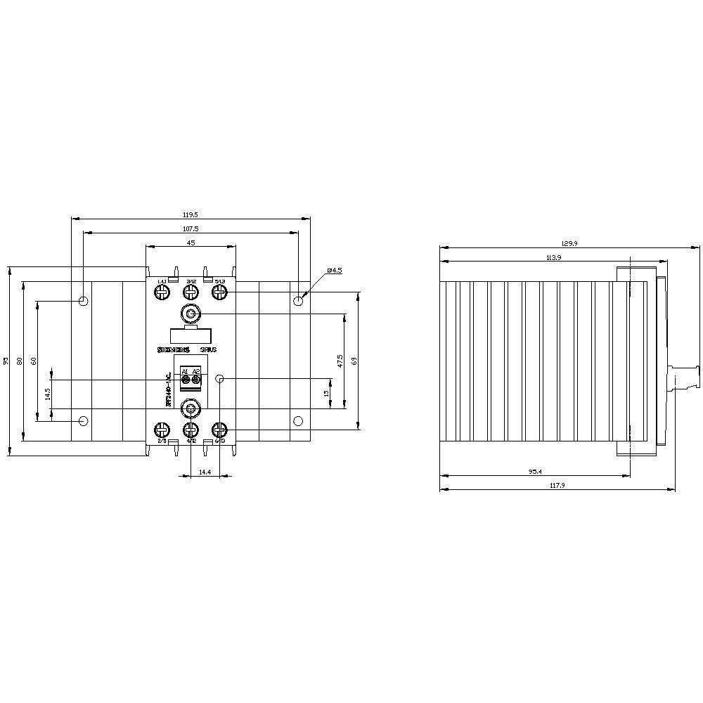 Technische Zeichnung eines elektrischen Bauteils mit Maßen. Vorder- und Seitenansicht zeigen detaillierte Abmessungen und Anschlüsse.