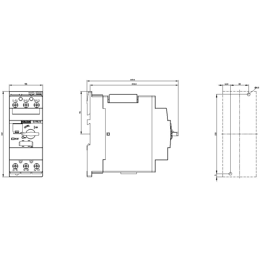 Technische Zeichnung eines elektronischen Bauteils mit Vorder-, Seiten- und Oberansicht. Maße sind angegeben, Grundriss zeigt Anschlüsse.