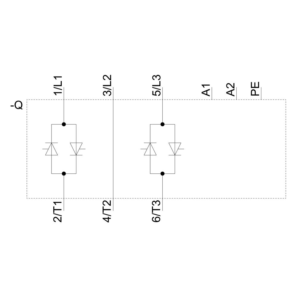 Schaltungsdiagramm mit zwei parallelen Dioden in zwei Kreisen. Anschlüsse sind 1/L1, 3/L2, 5/L3, 2/T1, 4/T2, 6/T3, A1, A2, PE.