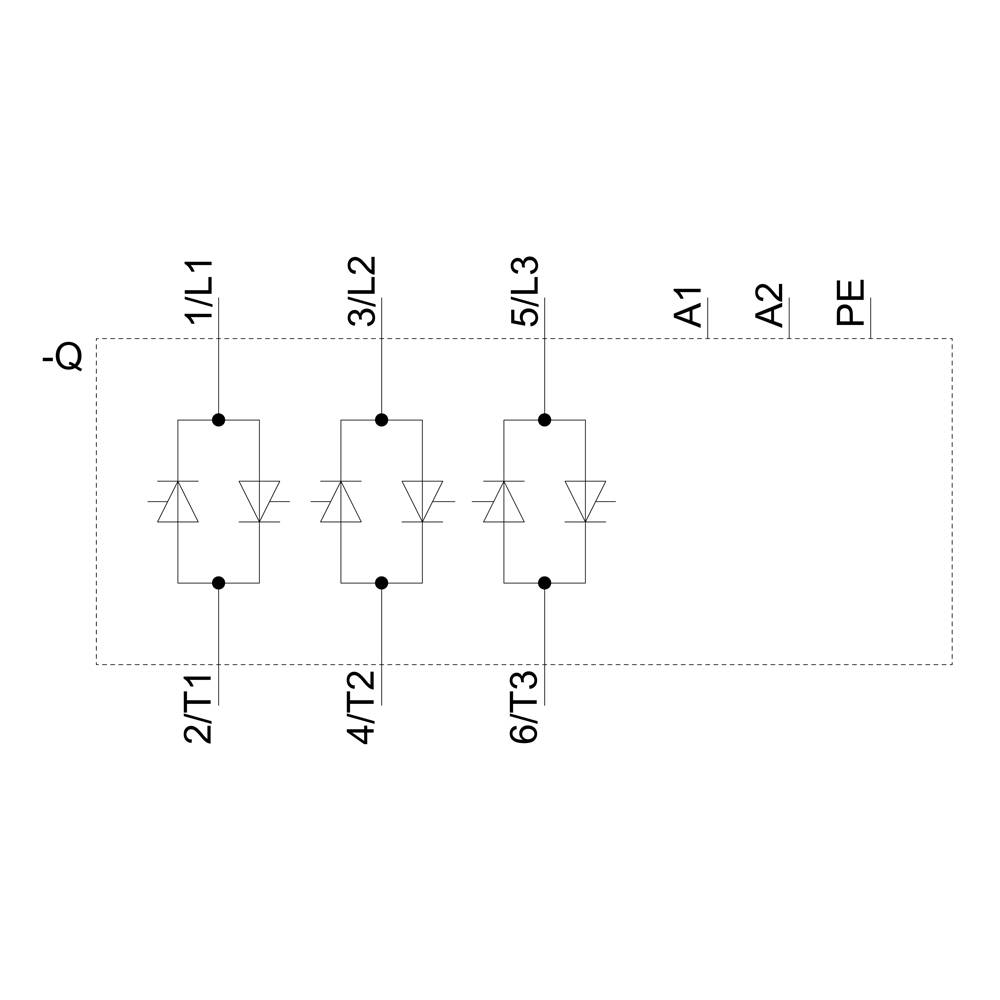 Schaltplan: Drei Dioden in paralleler Anordnung in drei Gruppen, verbunden mit den Terminals 1/L1, 3/L2, 5/L3, und 2/T1, 4/T2, 6/T3.