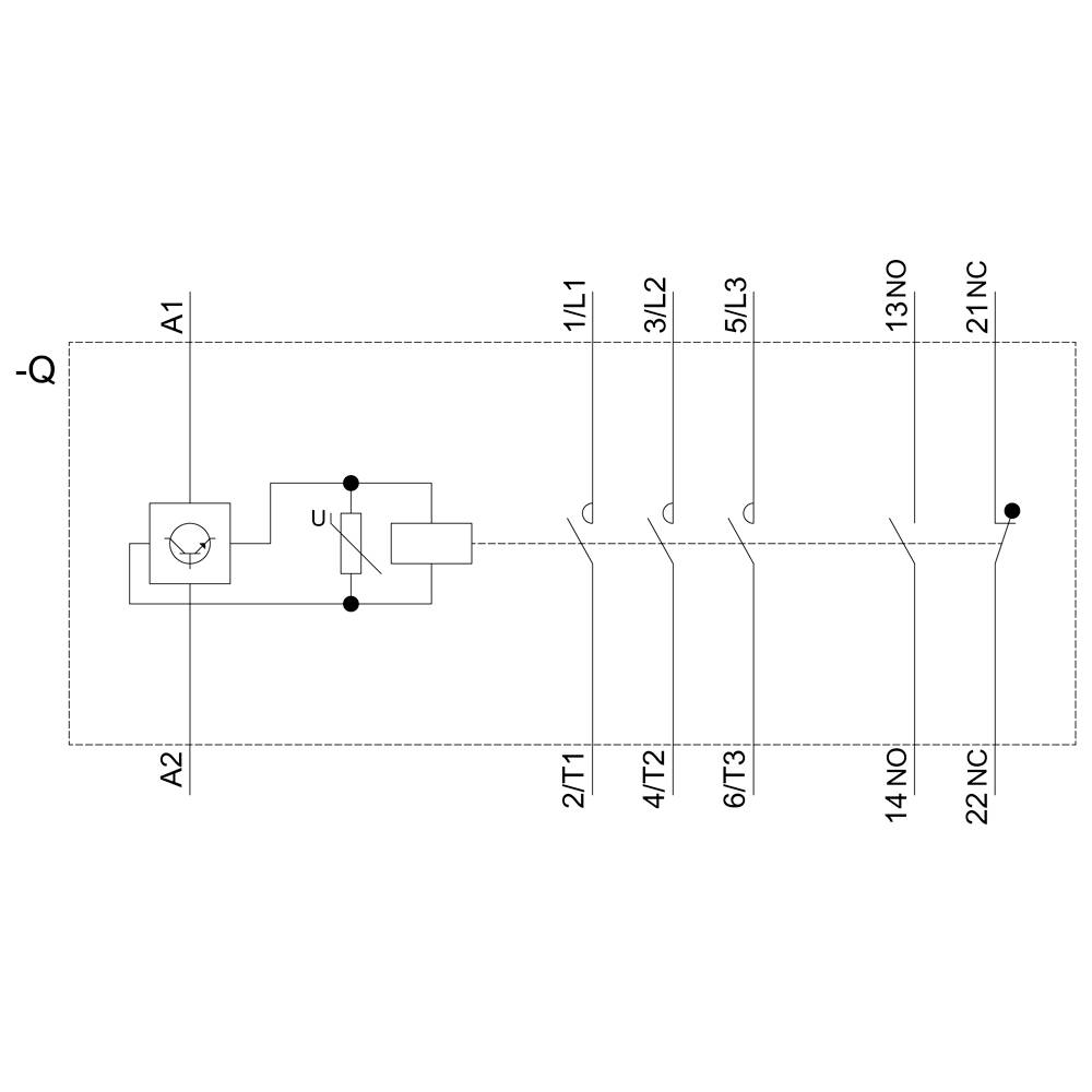 Schaltplan eines Elektromotors mit Schütz. Verbindungen: L1, L2, L3, und Steuerleitungen 13NO, 14NO, 21NC, 22NC. Symbole für Spule und Druckknopf.
