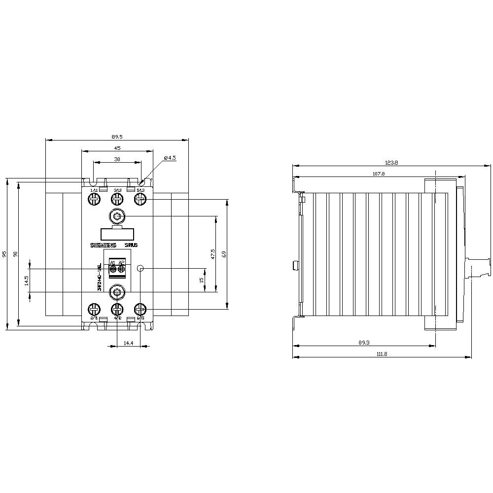Technische Zeichnung eines elektrischen Bauteils mit Abmessungen in Millimetern. Zwei Ansichten zeigen Vorder- und Seitenansicht. Maße sind detailliert angegeben.