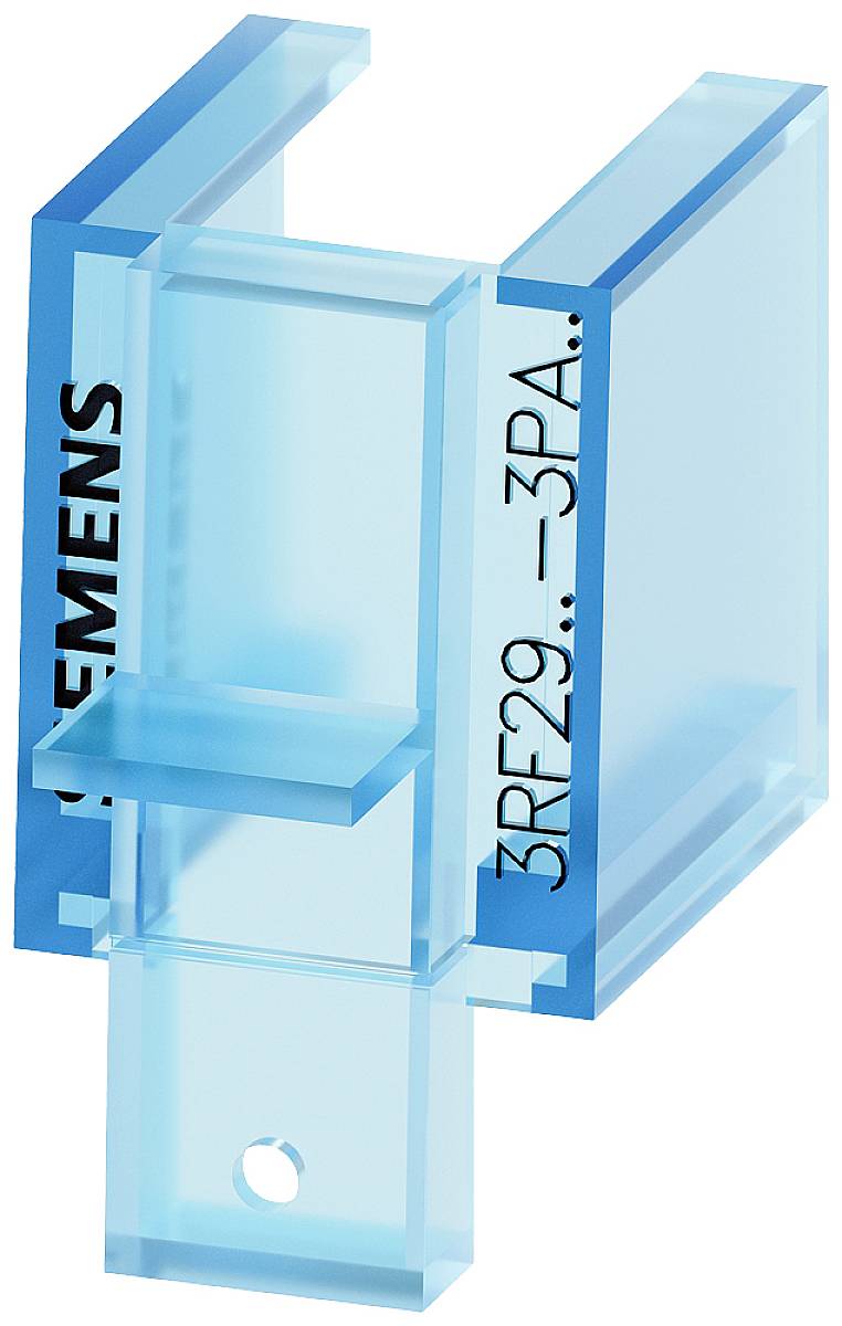 Durchsichtiger blauer Plastikhalter mit Aufschrift '3RF29..3PA' und 'SIEMENS', wahrscheinlich für industrielle Anwendungen.