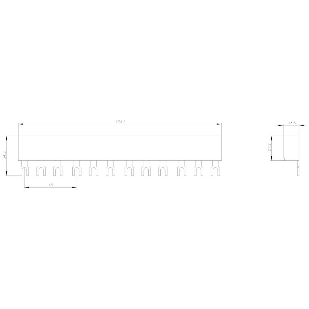 Technische Zeichnung eines Bauteils mit Maßen: 174,2 x 13,5 x 45 mm. Zeigt Seiten- und Vorderansicht mit detaillierten Kanten und Befestigungen.